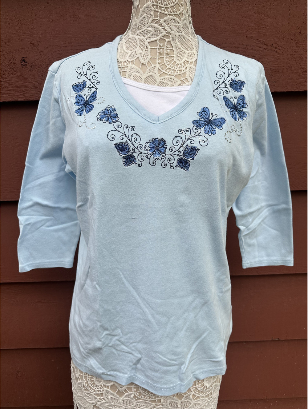 Liberty Lane Vintage Baby Blue Embroidered Floral Butterfly Top Y2K Fairycore